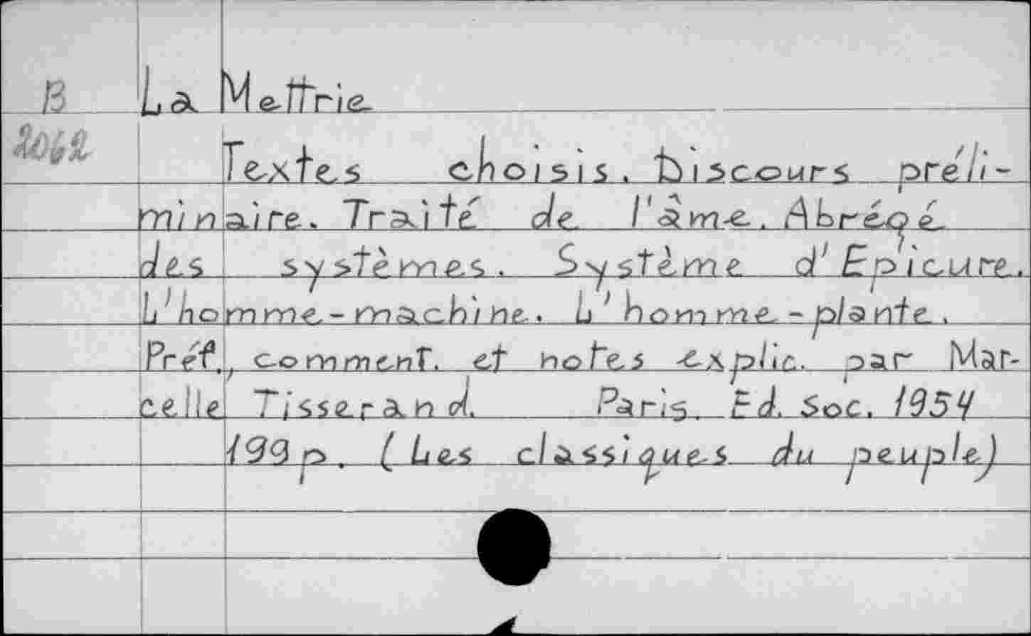 ﻿J	 Un		choisis, bisccur^ pre'/i-
	m'i n	a-'ire. Traité de. /
		systèmes. Système d'fpicure.
	L1 h o	mme-mAch'/He.. L nom me. - pis nie .
	Prrf	I c-o mme^eiT, et notes ■^-^plie. jiajr . _MjlL-_
	2,e!ié>	Ti\se.r a^n d.	'^r'i^.	Soc. 195^
		i'SQ n (. 1l£^ c/ùssî	_du peuplej
		
		
				